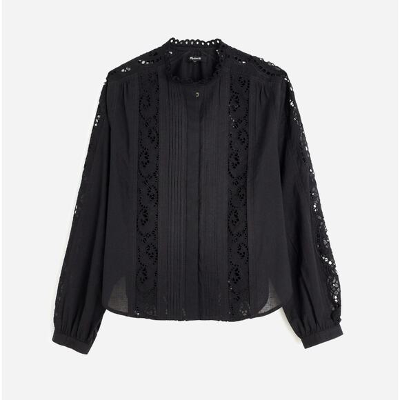 Madewell Lace-Inset Pintucked Button-Up Top Womens M Black Long Sleeve Eyelet - Picture 3 of 8